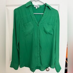 Express "The Portofino Shirt" Kelly Green Blouse V Neck Cuffed Women's Small
